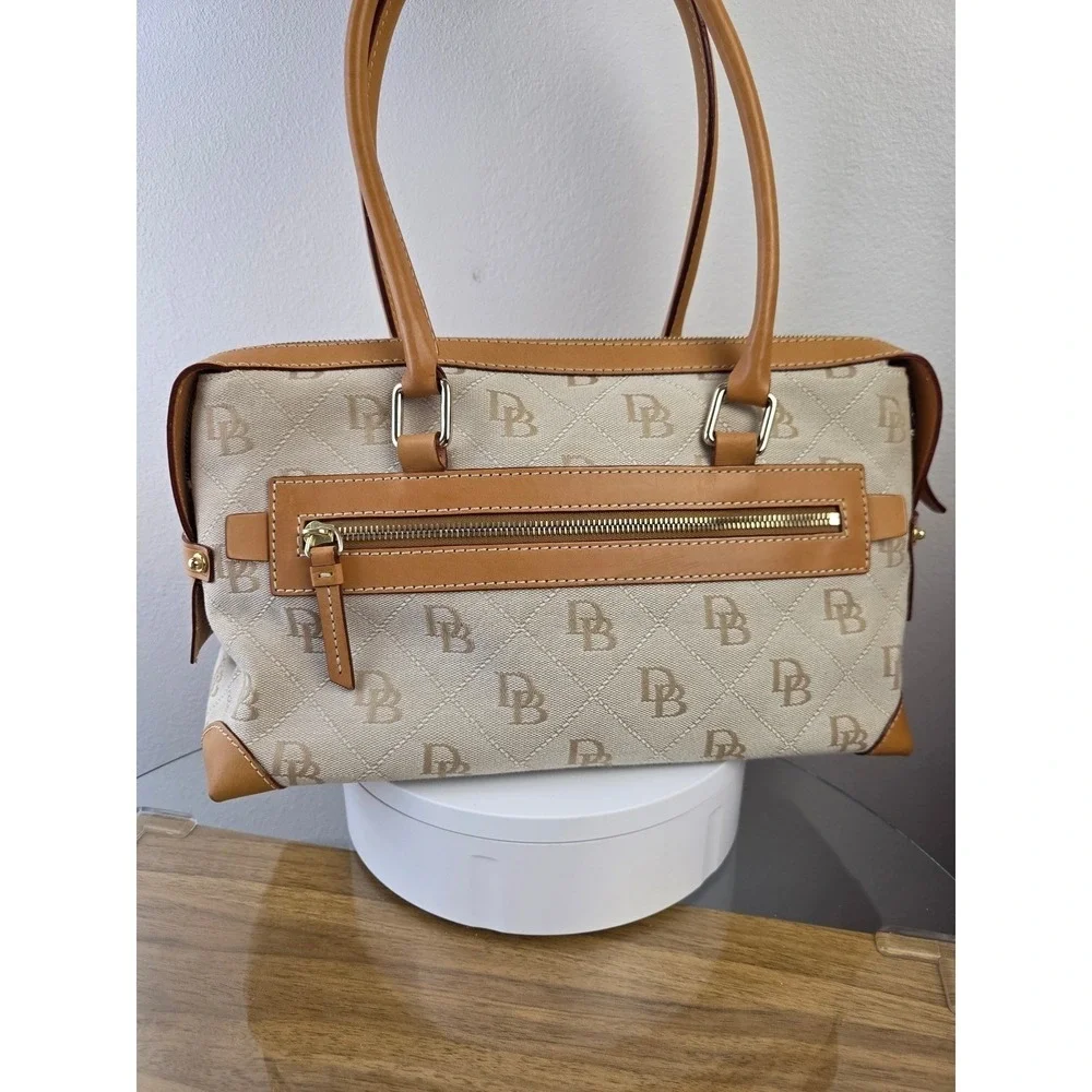 Dooney & Bourke Signature Monogram Canvas Satchel Tan Leather Trim Bag